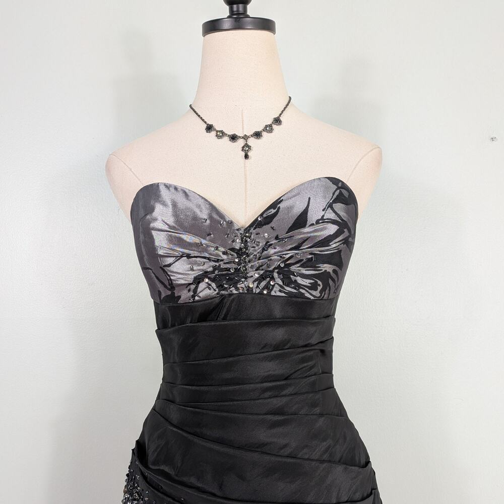 Y2K Alyce Prom Dress Maxi Gown 8 Gray Black Mermaid Corset Strapless Floral Vtg - Picture 2 of 14